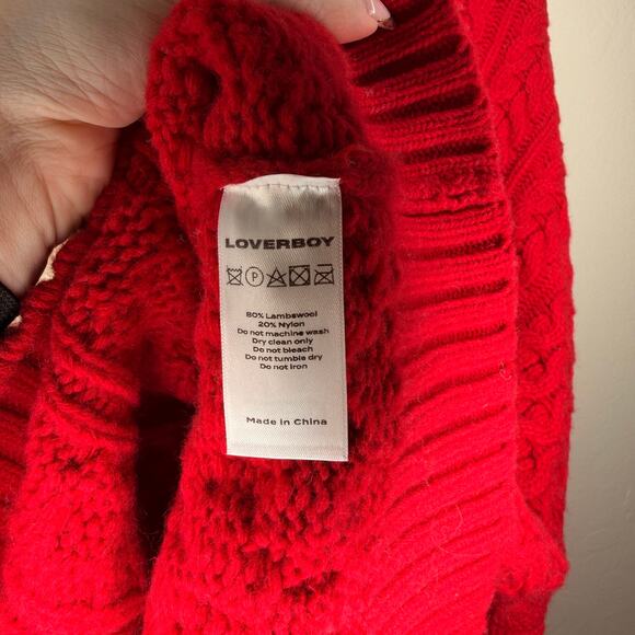 Charles Jeffrey Loverboy Off White Red College Cricket Cable Knit Wool Sweater - Picture 14 of 15